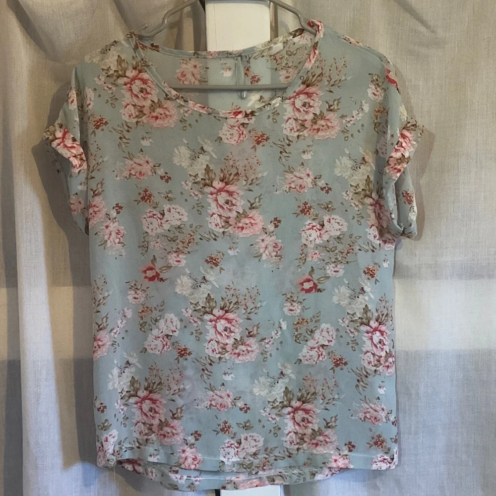 Floral Short Sleeve Blouse - Light Blue with Pink Floral - Picture 1 of 4